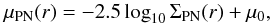 Mathematical equation: \begin{equation} \mu_{\mathrm{PN}}(r) = -2.5\log_{10}\Sigma_{\mathrm{PN}}(r) + \mu_0, \label{eqn:density} \end{equation}