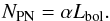 Mathematical equation: \begin{equation} N_{\mathrm{PN}} = \alpha L_{\mathrm{bol}}. \label{eqn:alphadef} \end{equation}