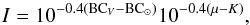 Mathematical equation: \begin{equation} I = 10^{-0.4(\mathrm{BC}_V - \mathrm{BC}_{\odot})}10^{-0.4(\mu - K)}, \end{equation}
