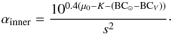 Mathematical equation: \begin{equation} \alpha_{\mathrm{inner}} = \frac{10^{0.4(\mu_0 - K - (\mathrm{BC}_{\odot}- \mathrm{BC}_V ))}}{s^2}\cdot \end{equation}