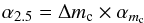 Mathematical equation: \begin{equation} \alpha_{2.5} = \Delta m_{\rm c} \times \alpha_{m_{\rm c}} \end{equation}