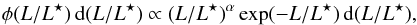 Mathematical equation: \appendix \setcounter{section}{2} \begin{equation} \phi(L/L^{\star}) \,\mathrm{d}(L/L^{\star}) \propto (L/L^{\star})^{\alpha} \exp(-L/L^{\star})\, \mathrm{d}(L/L^{\star}) , \end{equation}