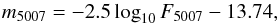 Mathematical equation: \begin{equation} m_{5007} = -2.5\log_{10} F_{5007} - 13.74, \end{equation}
