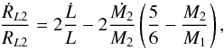 Mathematical equation: \begin{equation} \label{eq:Evo} \frac{\dot{R}_{L2}}{R_{L2}}=2\frac{\dot{L}}{L}-2\frac{\dot{M_2}}{M_2}\left(\frac{5}{6}-\frac{M_2}{M_1}\right), \end{equation}