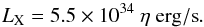 Mathematical equation: \begin{equation} \label{eq:LX} L_{\rm X} = 5.5 \times 10^{34} \ \eta\ {\rm erg/s}. \end{equation}