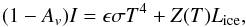 Mathematical equation: \begin{equation} (1-A_{v}) I = \epsilon \sigma T^{4} + Z(T) L_{\rm ice}, \label{eq:z} \end{equation}