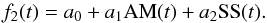 Mathematical equation: \begin{equation} f_2(t) = a_0 + a_1 \text{AM}(t) + a_2 \text{SS}(t). \end{equation}