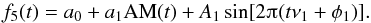 Mathematical equation: \begin{equation} f_5(t) = a_0 + a_1 \text{AM}(t) + A_1 \sin[2\piup(t\nu_1 + \phi_1)].\, \label{eq:detrending5} \end{equation}