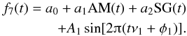 Mathematical equation: \begin{eqnarray} \begin{split} f_7(t) = a_0 + a_1 \text{AM}(t) + a_2 \text{SG}(t) \\ + A_1 \sin[2\piup(t\nu_1 + \phi_1)]. \label{eq:detrending7} \end{split} \end{eqnarray}