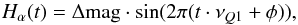 Mathematical equation: \appendix \setcounter{section}{1} \begin{equation} H_{\alpha}(t) = \Delta \mathrm{mag} \cdot \sin(2\pi(t\cdot \nu_{Q1} + \phi)) , \end{equation}