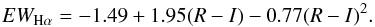 Mathematical equation: \appendix \setcounter{section}{1} \begin{equation} EW_{\mathrm{H}\alpha} = -1.49 + 1.95(R - I) - 0.77(R - I)^2 . \label{eq:EW} \end{equation}