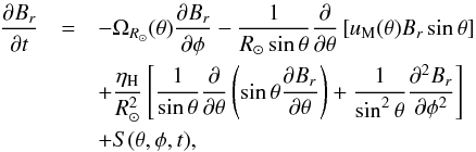 Mathematical equation: \begin{eqnarray} \frac{\partial B_{r}}{\partial t}& = &-\Omega_{R_\odot}(\theta)\frac{\partial B_{r}}{\partial\phi}-\frac{1}{R_\odot \sin\theta}\frac{\partial}{\partial\theta}\left[ u_{\rm M}(\theta)B_{r}\sin\theta\right] \nonumber\\ &&+ \frac{\eta_{\rm H}}{R_\odot^2}\left[\frac{1}{\sin\theta}\frac{\partial}{\partial\theta}\left(\sin\theta\frac{\partial B_{r}}{\partial\theta}\right)+\frac{1}{\sin^2\theta}\frac{\partial^2 B_{r}}{\partial\phi^2}\right] \nonumber\\ &&+S(\theta, \phi, t), \label{eq:sft} \end{eqnarray}