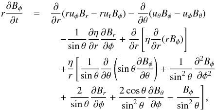 Mathematical equation: \appendix \setcounter{section}{1} \begin{eqnarray} r\frac{\partial B_\phi}{\partial t} &= &\frac{\partial}{\partial r} (r u_\phi B_{r}-r u_{\rm r}B_\phi)- \frac{\partial}{\partial\theta}(u_\theta B_\phi - u_\phi B_\theta)\nonumber\\ &&\quad-\frac{1}{\sin\theta}\frac{\partial\eta}{\partial r}\frac{\partial B_{r}}{\partial\phi} +\frac{\partial}{\partial r}\left[\eta\frac{\partial}{\partial r}(r B_\phi)\right]\nonumber\\ &&\quad+ \frac{\eta}{r}\left[\frac{1}{\sin\theta}\frac{\partial}{\partial\theta}\left(\sin\theta\frac{\partial B_\phi}{\partial\theta}\right)+\frac{1}{\sin^2\theta}\frac{\partial^2B_\phi}{\partial\phi^2}\right.\nonumber\\ &&\quad+\left.\frac{2}{\sin\theta}\frac{\partial B_{r}}{\partial\phi}+\frac{2\cos\theta}{\sin^2\theta}\frac{\partial B_\theta}{\partial\phi}-\frac{B_\phi}{\sin^2\theta}\right],\label{eq:indphi} \end{eqnarray}