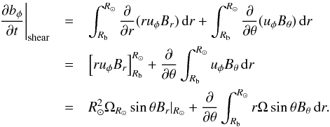 Mathematical equation: \appendix \setcounter{section}{1} \begin{eqnarray} \left.\frac{\partial b_\phi}{\partial t}\right|_{\rm shear} &=& \int_{R_{\rm b}}^{R_\odot} \frac{\partial}{\partial r}(r u_\phi B_{r})\,\mathrm{d}r + \int_{R_{\rm b}}^{R_\odot} \frac{\partial}{\partial\theta}(u_\phi B_\theta)\,\mathrm{d}r\nonumber \\ &=& \left[r u_\phi B_{r} \right]_{R_{\rm b}}^{R_\odot} + \frac{\partial}{\partial\theta}\int_{R_{\rm b}}^{R_\odot}u_\phi B_\theta\,\mathrm{d}r\nonumber\\ &=& R_\odot^2\Omega_{R_\odot}\sin\theta B_{r}|_{R_\odot}+ \frac{\partial}{\partial\theta}\int_{R_{\rm b}}^{R_\odot}r\Omega\sin\theta B_\theta\,\mathrm{d}r.\label{eq:shear1} \end{eqnarray}