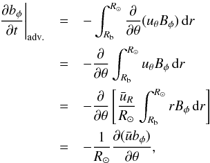Mathematical equation: \appendix \setcounter{section}{1} \begin{eqnarray} \left.\frac{\partial b_\phi}{\partial t}\right|_{\rm adv.} &=& -\int_{R_{\rm b}}^{R_\odot}\frac{\partial}{\partial\theta}(u_\theta B_\phi)\,\mathrm{d}r\nonumber\\ &=& -\frac{\partial}{\partial\theta}\int_{R_{\rm b}}^{R_\odot}u_\theta B_\phi\,\mathrm{d}r\nonumber\\ &=& -\frac{\partial}{\partial\theta}\left[\frac{\bar{u}_R}{R_\odot}\int_{R_{\rm b}}^{R_\odot}r B_\phi\,\mathrm{d}r\right]\nonumber\\ &=& -\frac{1}{R_\odot}\frac{\partial(\bar{u} b_\phi)}{\partial\theta}, \label{eq:adv1} \end{eqnarray}