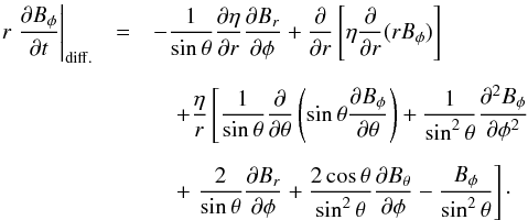 Mathematical equation: \appendix \setcounter{section}{1} \begin{eqnarray} r\left.\frac{\partial B_\phi}{\partial t}\right|_{\rm diff.} &=&-\frac{1}{\sin\theta}\frac{\partial\eta}{\partial r}\frac{\partial B_{r}}{\partial\phi} +\frac{\partial}{\partial r}\left[\eta\frac{\partial}{\partial r}(r B_\phi)\right]\nonumber\\[2mm] &&\quad+ \frac{\eta}{r}\left[\frac{1}{\sin\theta}\frac{\partial}{\partial\theta}\left(\sin\theta\frac{\partial B_\phi}{\partial\theta}\right)+\frac{1}{\sin^2\theta}\frac{\partial^2B_\phi}{\partial\phi^2}\right.\nonumber\\[2mm] &&\quad+\left.\frac{2}{\sin\theta}\frac{\partial B_{r}}{\partial\phi}+\frac{2\cos\theta}{\sin^2\theta}\frac{\partial B_\theta}{\partial\phi}-\frac{B_\phi}{\sin^2\theta}\right]\cdot \label{eq:diff1} \end{eqnarray}