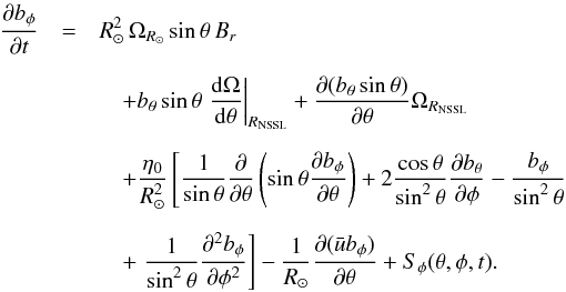 Mathematical equation: \appendix \setcounter{section}{1} \begin{eqnarray} \frac{\partial b_\phi}{\partial t} & =& R_\odot^2\,\Omega_{R_\odot} \sin\theta\, B_{r} \nonumber\\[2mm] && \quad+ b_\theta\sin\theta \left.\frac{\mathrm{d}\Omega}{\mathrm{d}\theta}\right|_{R_{\rm NSSL}} + \frac{\partial (b_\theta\sin\theta)}{\partial\theta}\Omega_{R_{\rm NSSL}} \nonumber\\[2mm] &&\quad + \frac{\eta_0}{R_\odot^2}\left[\frac{1}{\sin\theta}\frac{\partial}{\partial\theta}\left(\sin\theta\frac{\partial b_\phi}{\partial \theta} \right) + 2\frac{\cos\theta}{\sin^2\theta}\frac{\partial b_\theta}{\partial\phi}-\frac{b_\phi}{\sin^2\theta} \right. \nonumber\\[2mm] && \quad+ \left. \frac{1}{\sin^2\theta}\frac{\partial^2 b_\phi}{\partial \phi^2} \right] - \frac{1}{R_\odot}\frac{\partial ( \bar{u} b_\phi)}{\partial\theta} + S_\phi(\theta,\phi,t). \label{eq:azimuthalRep} \end{eqnarray}