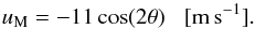 Mathematical equation: \begin{equation} u_{\rm M} = -11\cos(2\theta)\,\,\,\,\,\mathrm{[m\,s^{-1}]}. \label{eq:mFlow} \end{equation}