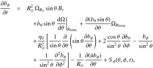 Mathematical equation: \begin{eqnarray} \frac{\partial b_\phi}{\partial t} & =& R_\odot^2\,\Omega_{R_\odot} \sin\theta\, B_{r} \nonumber\\ &&\quad + b_\theta\sin\theta \left.\frac{\mathrm{d}\Omega}{\mathrm{d}\theta}\right|_{R_{\rm NSSL}} + \frac{\partial (b_\theta\sin\theta)}{\partial\theta}\Omega_{R_{\rm NSSL}} \nonumber\\ &&\quad + \frac{\eta_0}{R_\odot^2}\left[\frac{1}{\sin\theta}\frac{\partial}{\partial\theta}\left(\sin\theta\frac{\partial b_\phi}{\partial \theta} \right) + 2\frac{\cos\theta}{\sin^2\theta}\frac{\partial b_\theta}{\partial\phi}-\frac{b_\phi}{\sin^2\theta} \right. \nonumber\\ &&\quad + \left. \frac{1}{\sin^2\theta}\frac{\partial^2 b_\phi}{\partial \phi^2} \right] - \frac{1}{R_\odot}\frac{\partial ( \bar{u} b_\phi)}{\partial\theta} + S_\phi(\theta,\phi,t), \label{eq:azimuthal} \end{eqnarray}