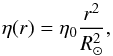 Mathematical equation: \begin{equation} \eta(r) = \eta_0 \frac{r^2}{R_\odot^2}, \label{eq:diffusivity} \end{equation}