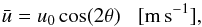 Mathematical equation: \begin{equation} \bar{u} = u_0 \cos(2\theta)\,\,\,\,\,\mathrm{[m\,s^{-1}]}, \label{eq:mFlow2} \end{equation}