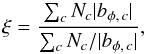 Mathematical equation: \begin{equation} \xi = \frac{\sum_c N_c |b_{\phi,\,c}|}{\sum_c N_c/|b_{\phi,\,c}|}, \end{equation}
