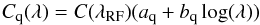 Mathematical equation: \begin{equation} C_{\rm q}(\lambda) = C(\lamrf) (a_{\rm q} + b_{\rm q}\log(\lambda)) \label{templatewarpeq} \end{equation}