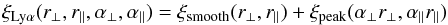 Mathematical equation: \begin{equation} \xilya(\rperp,\rpar,\aperp,\apar) = \xismooth(\rperp,\rpar) + \xipeak(\aperp\rperp,\apar\rpar) \end{equation}