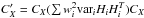 Mathematical equation: \hbox{$C_X' = C_X (\sum w_i^2 {\rm var}_i H_i H_i^T) C_X $}