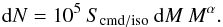 Mathematical equation: \begin{equation} {\rm d}N= 10^5 \: S_\mathrm{cmd/iso} \: {\rm d}M \: M^{\alpha}. \end{equation}