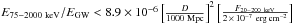 Mathematical equation: \hbox{$E_{75{-}2000~{\rm keV}}/E_{\rm GW} < 8.9 \times 10^{-6} \left[\frac{D}{1000~{\rm Mpc}}\right]^2 \left[\frac{F_{20{-}200~{\rm keV}}}{2\,\times\, 10^{-7}~{\rm erg\,cm}^{-2}}\right]$}