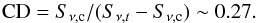 Mathematical equation: \begin{equation} \label{eq:cd} {\rm CD}=S_{\nu,{\rm c}}/(S_{\nu,t}-S_{\nu, {\rm c}})\sim0.27. \end{equation}