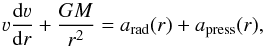 Mathematical equation: \begin{equation} \label{eq:simplehydro} \varv \frac{\mathrm{d} \varv}{\mathrm{d} r} + \frac{GM}{r^2} = a_\text{rad}(r) + a_\text{press}(r) , \end{equation}