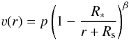 Mathematical equation: \begin{equation} \label{eq:betafineshift} \varv(r) = p \left( 1 - \frac{R_\ast}{r + R_\text{s}} \right)^{\beta} \end{equation}