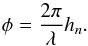 Mathematical equation: \begin{equation} \label{eq:elevphase} \phi = \frac{2\pi}{\lambda}h_n. \end{equation}