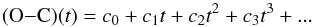 Mathematical equation: \appendix \setcounter{section}{3} \begin{equation} ({\rm O {-} C}) (t)= c_0 + c_1 t + c_2 t^2 + c_3 t^3 + ... \label{parabola1} \end{equation}