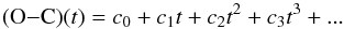 Mathematical equation: \begin{equation} {\rm (O {-} C)} (t)= c_0 + c_1 t + c_2 t^2 + c_3 t^3 + ...\label{parabola} \end{equation}