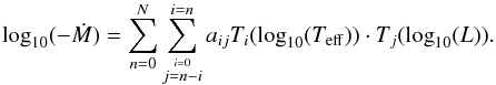 Mathematical equation: \appendix \setcounter{section}{1} \begin{equation} \label{eq:dejager} \log_{10}(-\dot{M}) = 1.769\log_{10}(L/L_\odot)-1.676\log_{10}(T_\mathrm{eff}/[\mathrm{K}])-8.158 . \end{equation}