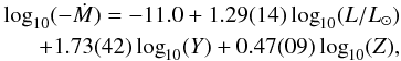 Mathematical equation: \appendix \setcounter{section}{1} \begin{equation} \label{nugis_lamers} \begin{aligned} \log_{10}(-\dot{M}) = -11.0 +1.29(14)\log_{10}(L/L_\odot)\\ + 1.73(42)\log_{10}(Y)+0.47(09)\log_{10}(Z) , \end{aligned} \end{equation}