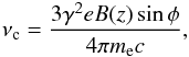 Mathematical equation: \begin{eqnarray*} \nu_{\rm c} = { {3 \gamma^2 e B(z) \sin \phi} \over {4 \pi m_{\rm e} c} }, \end{eqnarray*}