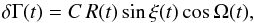 Mathematical equation: \begin{equation} \label{eq:gamma_var} \delta\Gamma(t) = C \, R(t)\sin\xi(t)\cos\Omega(t) , \end{equation}