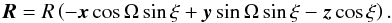 Mathematical equation: \begin{equation} \label{R-vector} \vec{R}=R\left(-\vec{x}\cos\Omega\sin\xi+\vec{y}\sin\Omega\sin\xi-\vec{z}\cos\xi\right). \end{equation}
