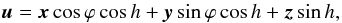 Mathematical equation: \begin{equation} \label{u_pqr} \vec{u}=\vec{x}\cos\varphi\cos h+\vec{y}\sin\varphi\cos h+\vec{z}\sin h, \end{equation}