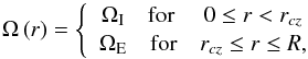 Mathematical equation: \begin{equation} \Omega \left( r \right) = \left\{ {\begin{array}{*{20}c} {\Oi\quad \mathrm{for}} & {0 \le r < r_{cz} } \\ {\Oe\quad \mathrm{for}} & {r_{cz} \le r \le R}, \\ \end{array}} \right. \label{eq:rotation_profile} \end{equation}