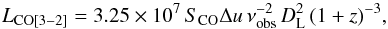 Mathematical equation: \begin{equation} L_{\rm CO[3-2]} = 3.25 \times 10^{7}\,S_{\rm CO} \Delta u\, \nu^{-2}_{\rm obs}\,D^{2}_{\rm L}\,(1+z)^{-3}, \end{equation}