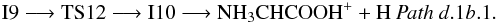 Mathematical equation: \begin{eqnarray*} \rm I9 \longrightarrow TS12 \longrightarrow I10 \longrightarrow NH_{3}CHCOOH^{+} + H ~{\it Path~ d}.1{\it b}.1. \end{eqnarray*}