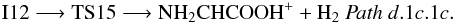 Mathematical equation: \begin{eqnarray*} \rm I12 \longrightarrow TS15 \longrightarrow NH_{2}CHCOOH^{+} + H_{2} ~{\it Path~d}.1{\it c}.1{\it c}. \end{eqnarray*}