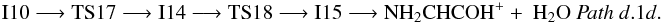Mathematical equation: \begin{eqnarray*} \rm I10 \longrightarrow TS17 \longrightarrow I14 \longrightarrow TS18 \longrightarrow I15 \longrightarrow NH_{2}CHCOH^{+} +~H_{2}O ~{\it Path~d}.1{\it d}. \end{eqnarray*}