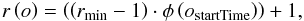 Mathematical equation: \appendix \setcounter{section}{1} \begin{eqnarray} \label{eq:Hmd1} % r\left(o\right) = \left(\left(r_{\rm min}-1\right)\cdot \phi\left(o_{\rm startTime}\right)\right)+1, % \end{eqnarray}