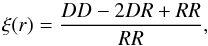 Mathematical equation: \begin{equation} \xi(r) = \frac{DD-2DR+RR}{RR} , \end{equation}